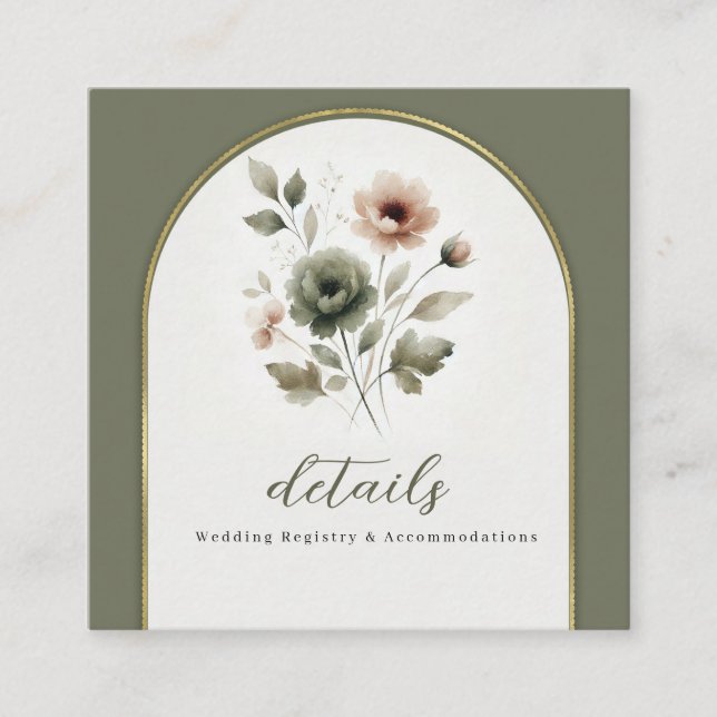 Dusty Olive Pink & Gold Floral Wedding Details Square Business Card (Front)