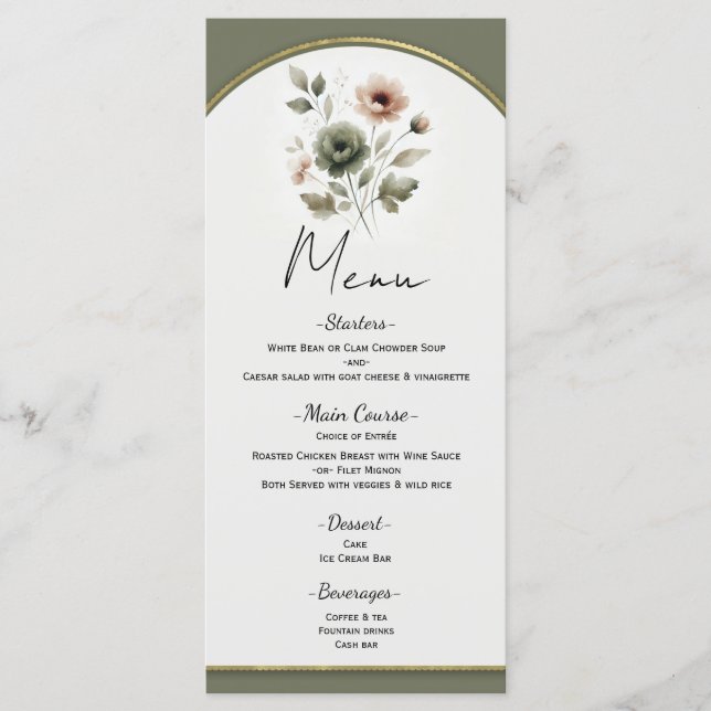 Dusty Olive Pink & Gold Watercolor Floral Menu (Front)