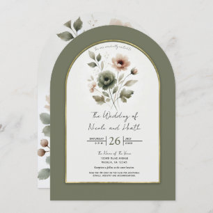 Dusty Olive Pink & Gold Watercolor Floral Wedding Invitation