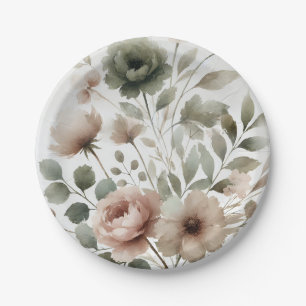 Dusty Olive & Pink Watercolor Floral Wedding Paper Plate