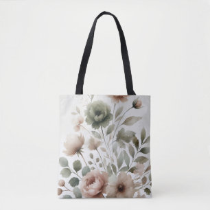 Dusty Olive & Pink Watercolor Floral Wedding Tote Bag