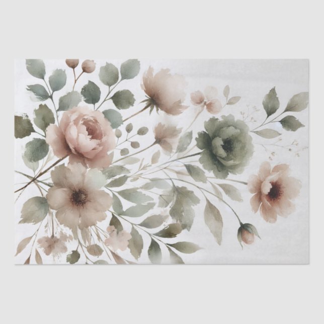 Dusty Olive & Pink Watercolor Modern Floral  Tissue Paper (Front)