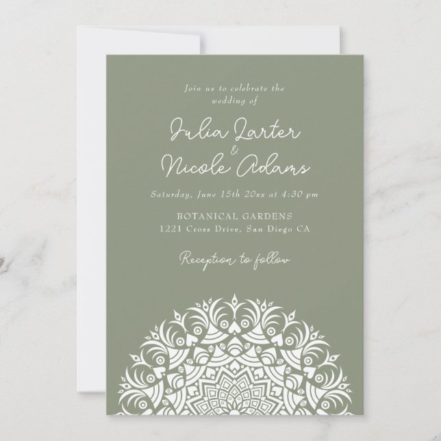 Dusty Olive Sage Abstract Mandala Wedding Invitation (Front)