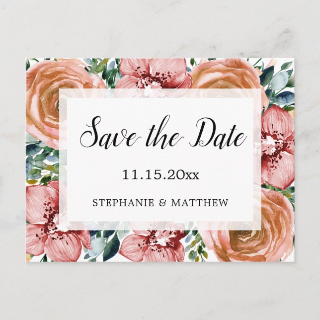 Dusty Orange Rose Orchids Wedding Save The Date Announcement Postcard (Front)