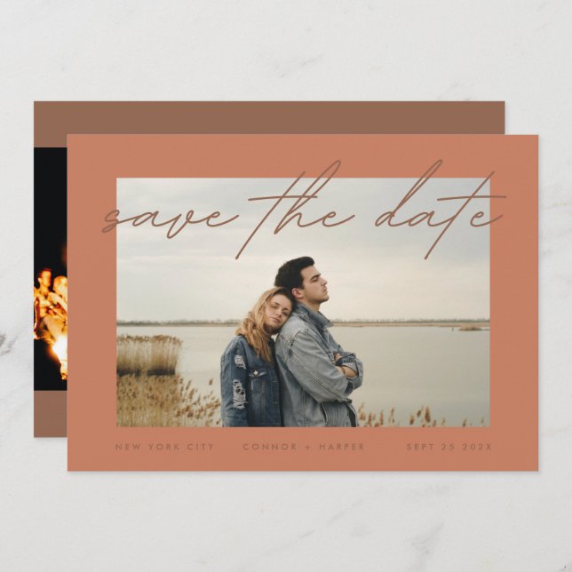 Dusty Orange Terracotta Elegant Border Photo Save The Date (Front/Back)