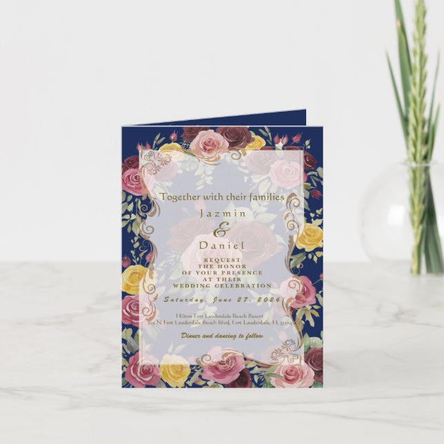 Dusty Pastel Burgundy/Pink Roses Blue Invitation (Front)