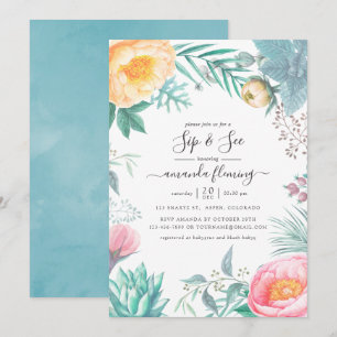 Dusty Pastel Tropical Floral Summer Sip and See Invitation
