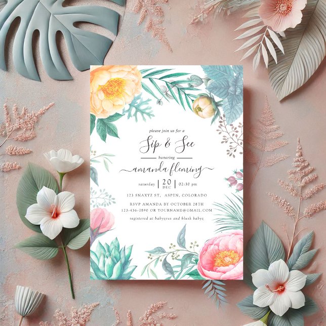Dusty Pastel Tropical Floral Summer Sip and See Invitation (Dusty Pastel Tropical Floral Summer Sip and See Invitation)