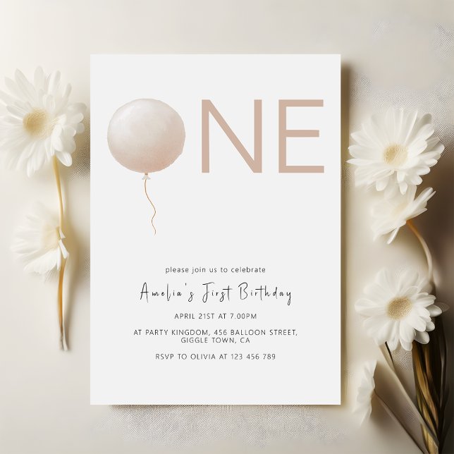 Dusty Peach Balloon Minimalist First Birthday Invitation (Creator Uploaded)