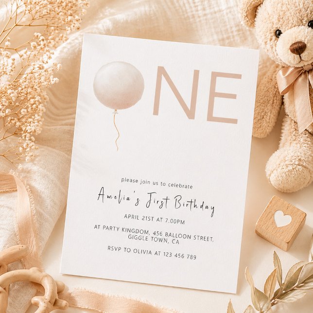 Dusty Peach Balloon Minimalist First Birthday Invitation (Creator Uploaded)