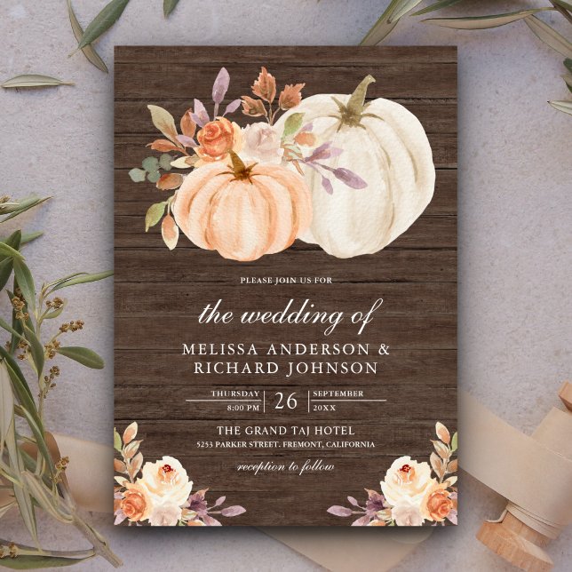Dusty Peach Floral Pumpkin Barn Wood Wedding Invitation (Creator Uploaded)