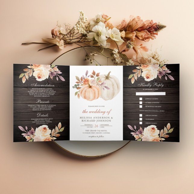 Dusty Peach Floral Pumpkin Barn Wood Wedding Tri-Fold Invitation (Creator Uploaded)