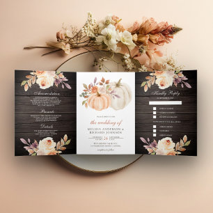 Dusty Peach Floral Pumpkin Barn Wood Wedding Tri-Fold Invitation
