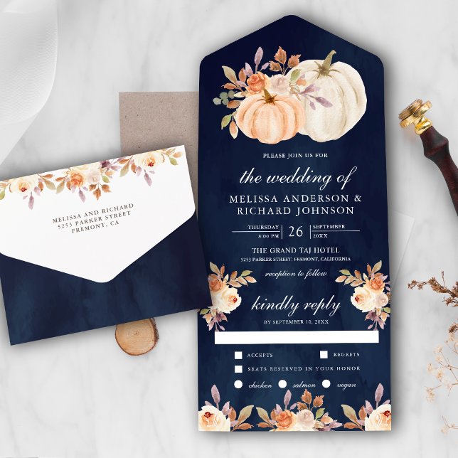 Dusty Peach Floral Pumpkin Navy Blue Wedding All In One Invitation (Creator Uploaded)