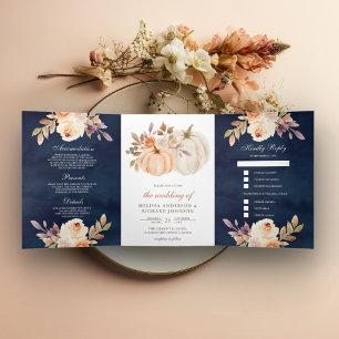 Dusty Peach Floral Pumpkin Navy Blue Wedding Tri-Fold Invitation