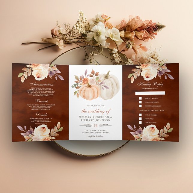 Dusty Peach Floral Pumpkin Terracotta Wedding Tri-Fold Invitation (Creator Uploaded)