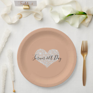 Dusty Peach Gold Confetti Diamonds Heart Paper Plate
