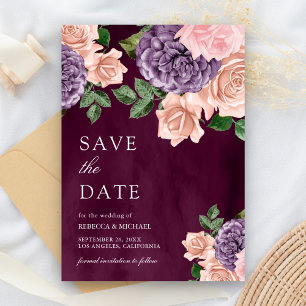 Dusty Peach Purple Floral Plum Wedding Save The Date