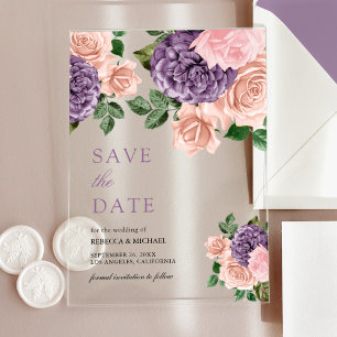 Dusty Peach Purple Floral Wedding Save the Date Acrylic Invitations