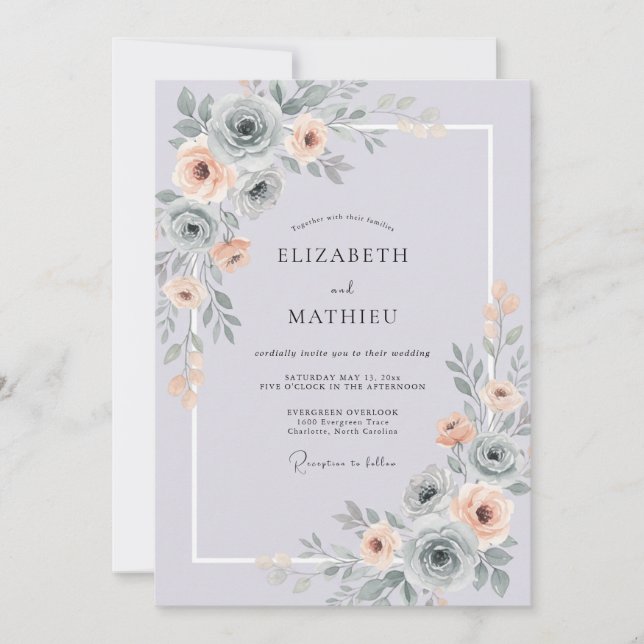 Dusty Periwinkle Apricot Rose Wedding Invitation (Front)