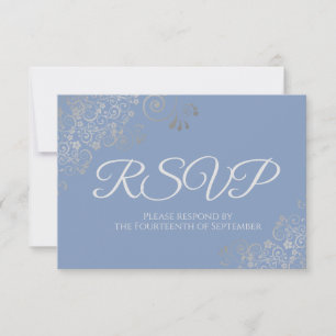 Dusty Periwinkle Blue Elegant Silver Lace Wedding RSVP Card