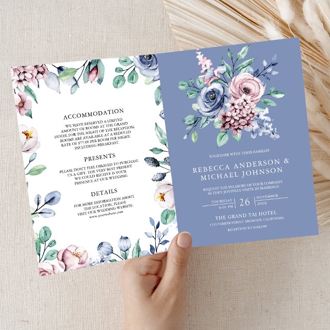 Dusty Periwinkle Blue Pink Floral QR Code Wedding Invitation (Creator Uploaded)