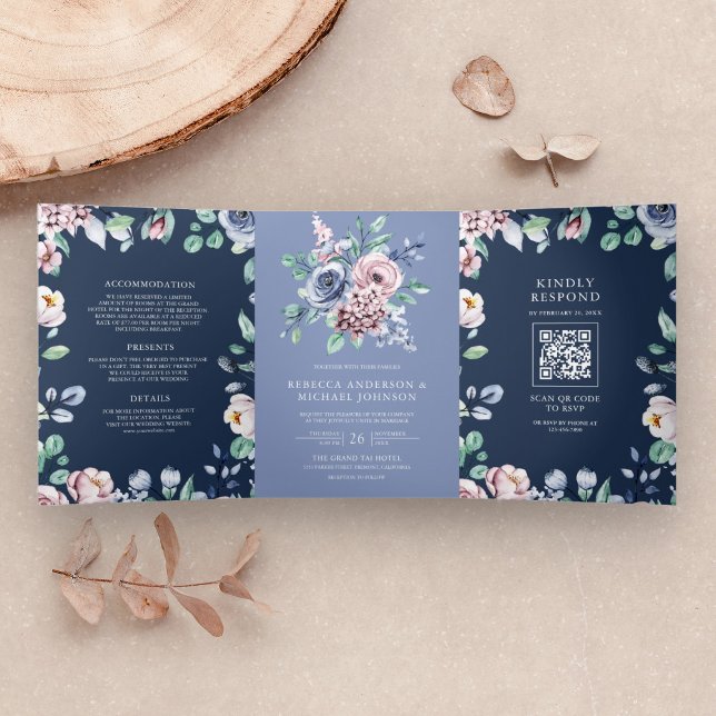 Dusty Periwinkle Pink Floral Navy QR Code Wedding Tri-Fold Invitation (Creator Uploaded)