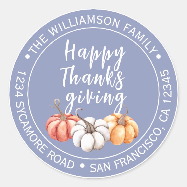 Dusty Periwinkle Thanksgiving Return Address Classic Round Sticker (Front)