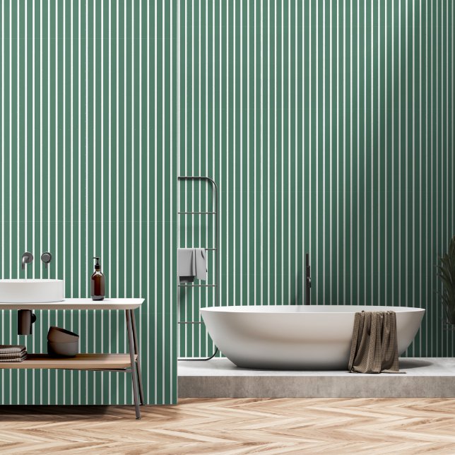 Dusty Pine Green And White Large Butcher Stripe Wallpaper (Bathroom)