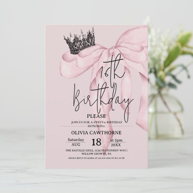 Dusty Pink 16th Birthday ⎮Modern Bow Sweet 16 Invitation (Standing Front)