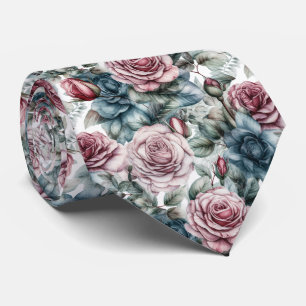 Dusty Pink and Blue Rose Pattern Tie