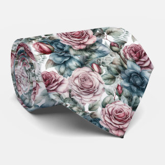 Dusty Pink and Blue Rose Pattern Tie