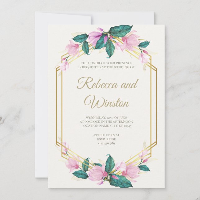 Dusty Pink and Gold Floral Greenery Wedding Invitation (Front)