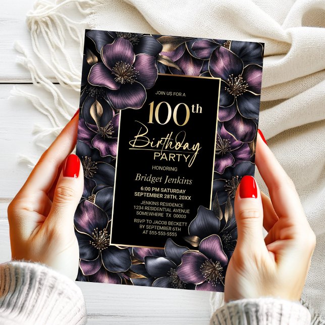 Dusty Pink and Grey Floral 100th Birthday Party Invitation (Creator Uploaded)