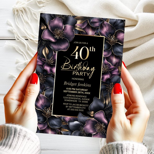 Dusty Pink and Grey Floral 40th Birthday Party Invitation (Creator Uploaded)