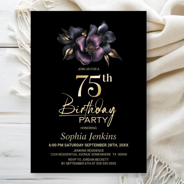 Dusty Pink and Grey Floral 75th Birthday Party Invitation (Creator Uploaded)