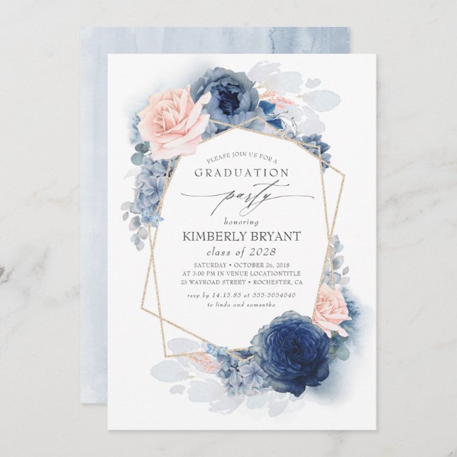 Dusty Pink and Navy Blue Floral Ombre Graduation Invitation (Front/Back)