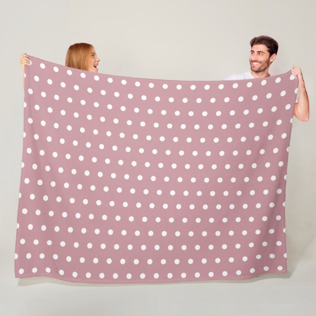 Dusty Pink and White Retro Polka Dot Pattern Fleece Blanket (In Situ)