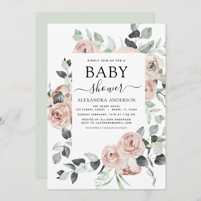 Dusty Pink Baby Shower Floral Greenery Invitation (Front/Back)