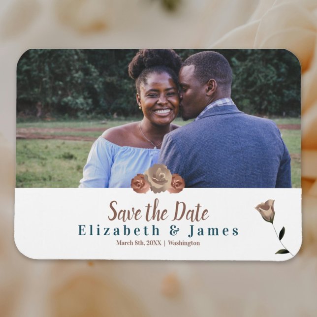 Dusty Pink, Beige Roses Save the Date Magnet (Simple Couple's Engagement Magnet Save the Date for Wedding Botanical Roses Beige Teal)