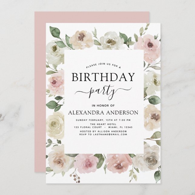  Dusty Pink Birthday Party Floral Greenery Invitat Invitation (Front/Back)