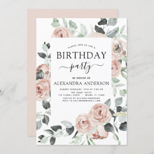  Dusty Pink Birthday Party Floral Greenery Invitation