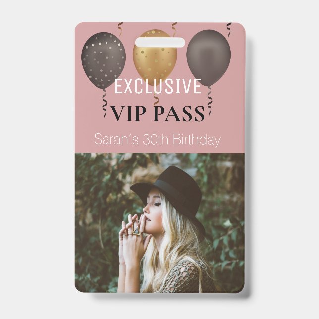 Dusty Pink Birthday Party Photo Custom Pass VIP ID Badge (Front)