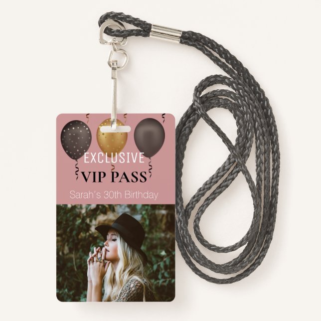 Dusty Pink Birthday Party Photo Custom Pass VIP ID Badge (Front with Lanyard)