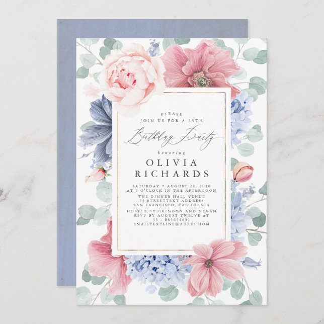 Dusty Pink Blue Floral Botanical Elegant Birthday Invitation (Front/Back)