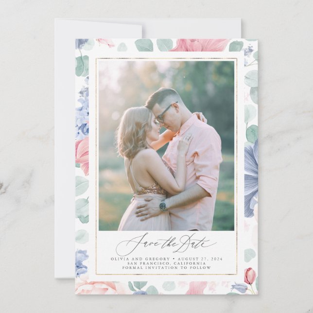 Dusty Pink Blue Floral Save The Date Photo Card (Front)