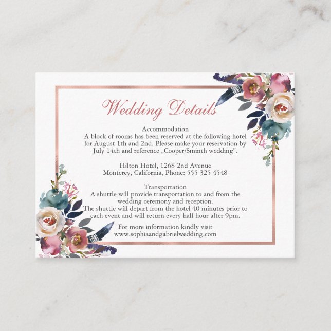 Dusty Pink Blue Floral Wedding Details Enclosure Card (Front)