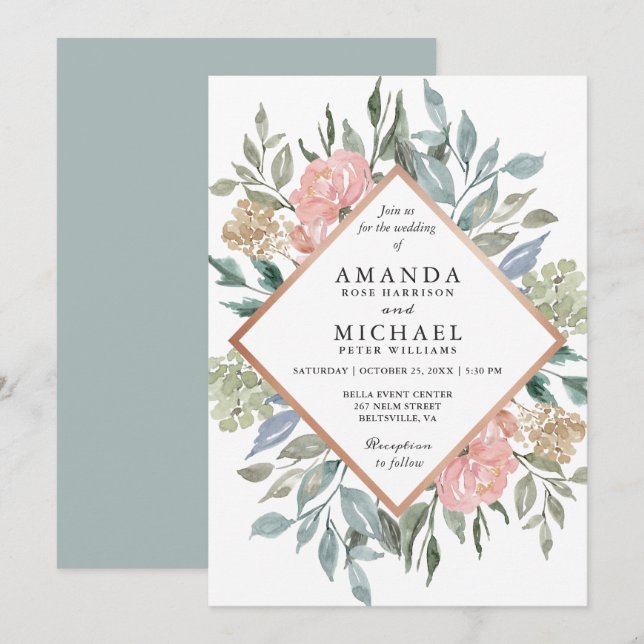 Dusty Pink Blue Green Rustic Wild Floral Wedding Invitation (Front/Back)