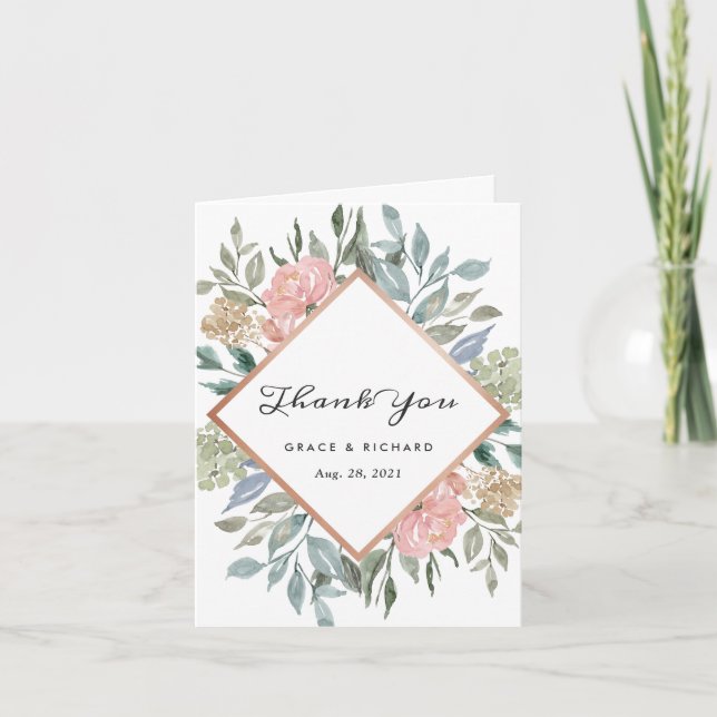 Dusty Pink Blue Green Rustic Wild Floral Wedding Thank You Card (Front)