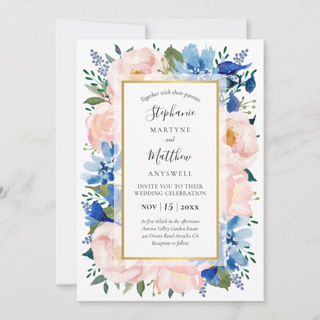 Dusty Pink Blue Watercolor Floral Gold Wedding Invitation (Front)